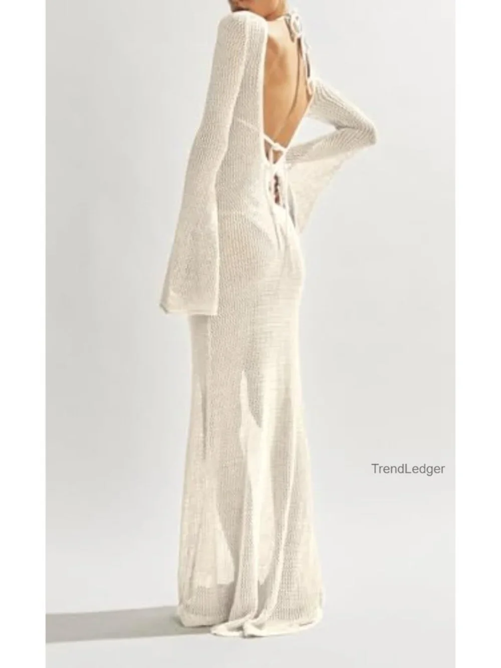 Crochet Long Sleeve Backless Beach Maxi Dress Cover Up